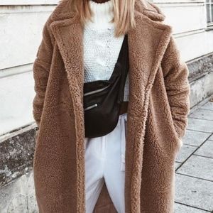 petite camel oversized chunky borg teddy coat